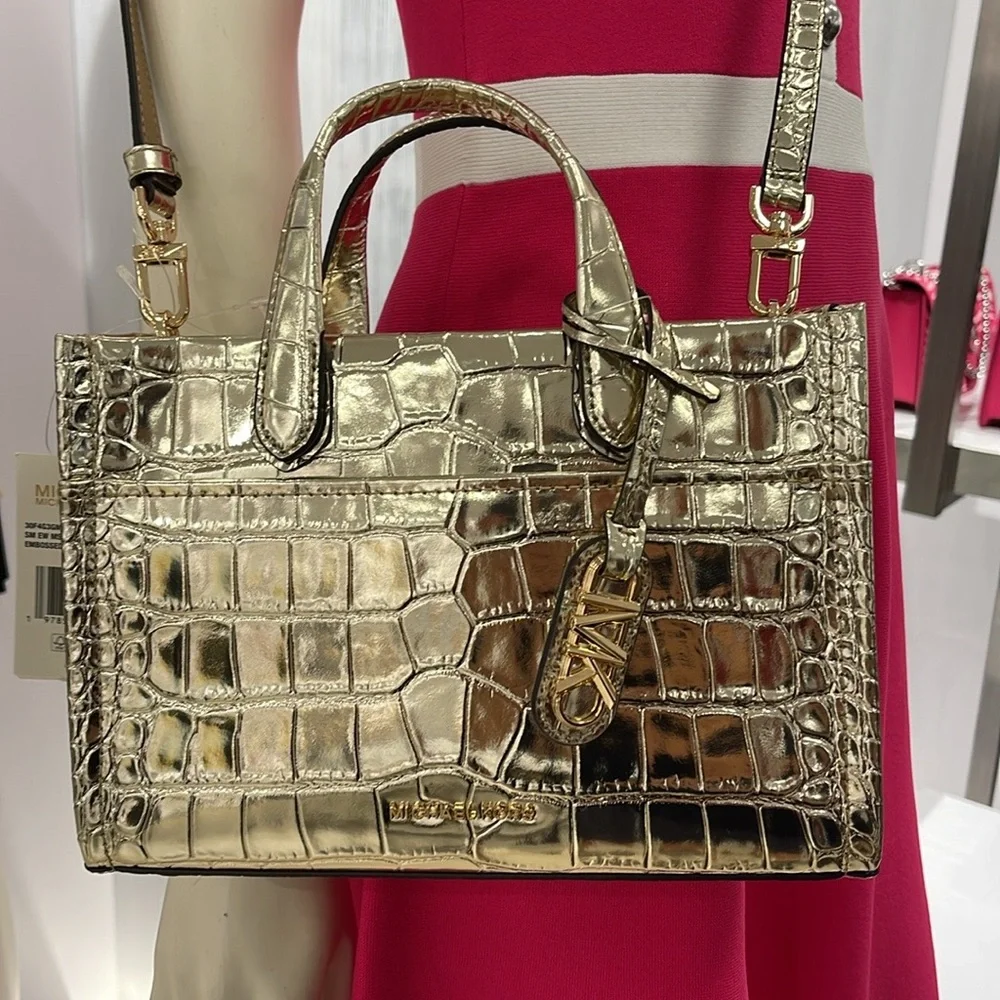 Michael Kors Gigi Small Metallic Crocodile Embossed Leather Messenger Pale Gold